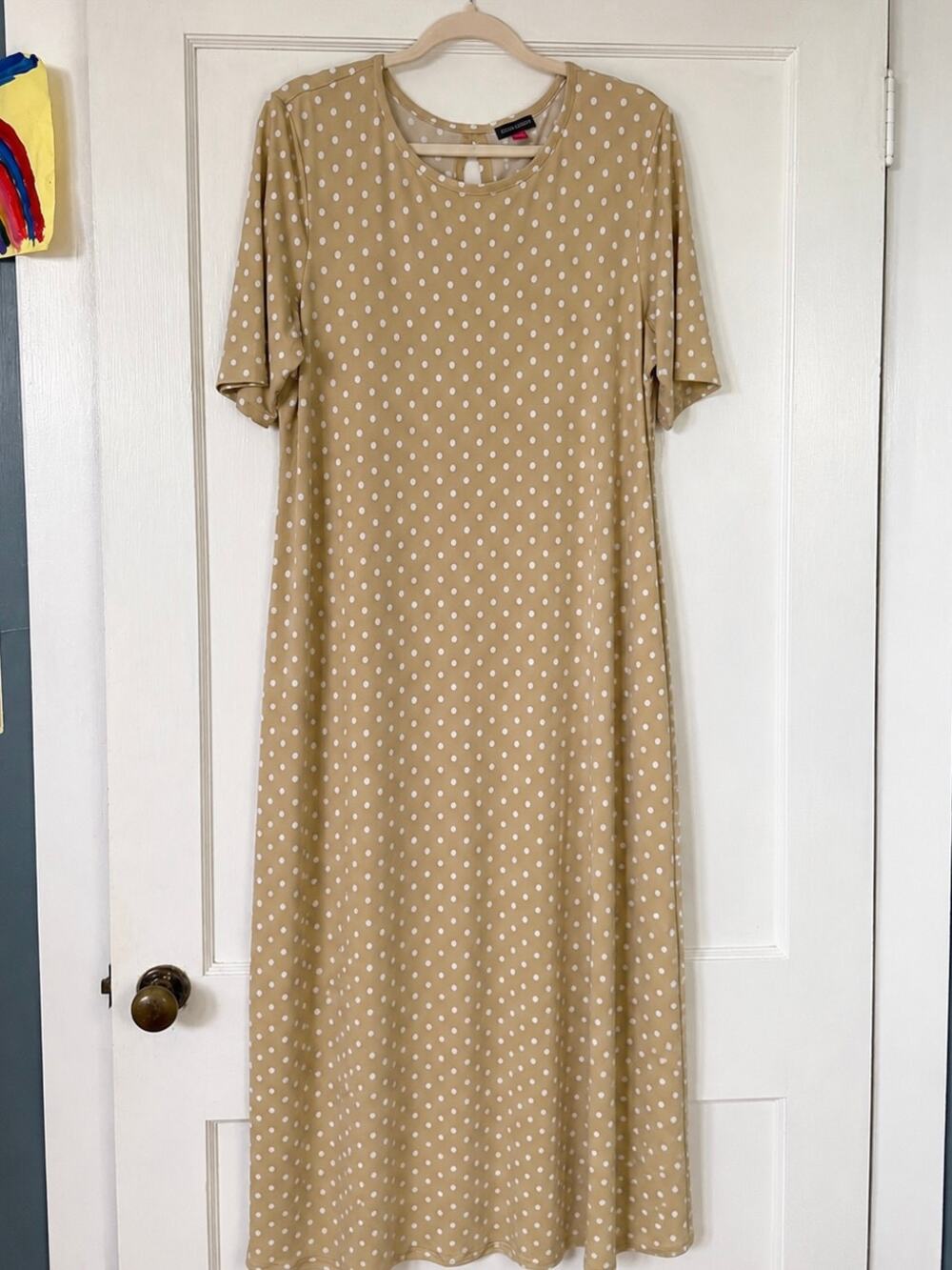 Vince Camuto Women’s XL Beige White Polka Dot Maxi Dress Stretch Short Sleeve